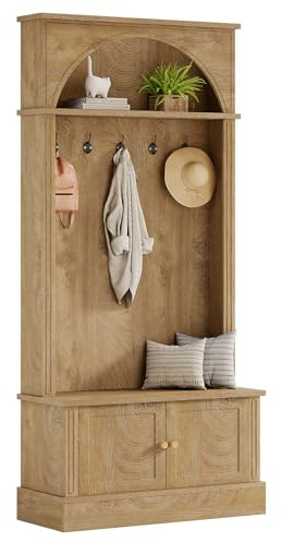 Tribesigns Garderobenständer mit Sitzbank und Schuhschrank, 4 in 1 Garderobe, 83x35x180cm, Flurgarderobe mit 5 Doppelhaken, Verstellbare Regalböden, Landhausstil, für Flur Eingangsbereich, Braun