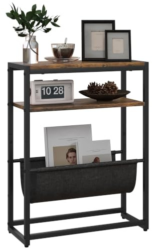 HOMCOM Beistelltisch Schmaler Couchtisch 43 x 18 x 56 cm Rustikal Braun | 3-stufige Ablage, V-förmiger Magazinhalter, Industrieller Nachttisch, Für Wohnzimmer, Schlafzimmer, Kleine Räume