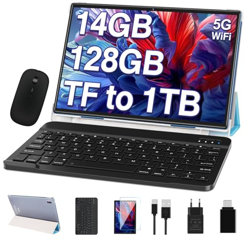 DEERTiME 2026 Android Tablette Tactile 10 Pouces 14Go RAM+128Go ROM (TF 2TB), FHD Tablettes avec 5G WiFi, 8 Cœurs, 2.0 GHz, Widget, 8000mAh, BT 5.0, 5+8MP, Tablette avec Clavier et Souris - Bleu