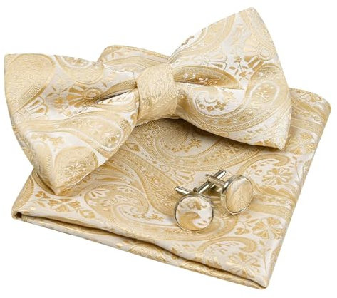 Alizeal Herren Paisley vorgebundene Fliege Einstecktuch Manschettenknöpfe Set, Champagner (Größe: Einheitsgröße)