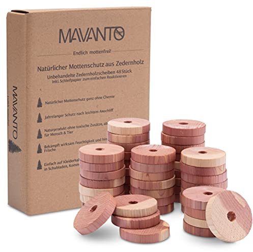 MAVANTO 48x Effektiver Zedernholz Mottenschutz für Kleiderschrank & Kleiderbügel - 100% natürliche Mottenfalle - inkl. GRATIS Schleifpapier