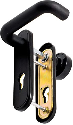 MICEL - 00236 - Juego de manilla cortafuego con pomo fijo y bocallave de 72 mm para puerta. Con placa de acero y nylon y acabado en negro. 168 x 44 mm.