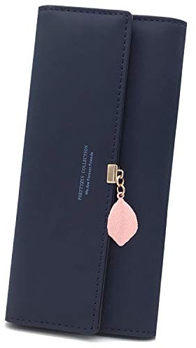 RRANCharltu Portefeuille Femme Longue Porte-Cartes Porte-Monnaie à glissière avec Feuille Pendentif en PU Cuir, 10 Emplacements Cartes pour Cadeau de Noël Saint-Valentin (Bleu Saphir)