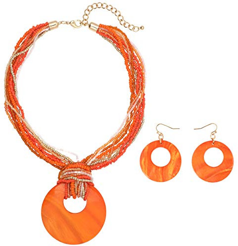 Coiris Mehrreihige bunte Perlen-Halskette mit großem Kreis-Muschel-Anhänger für Frauen (Orange)