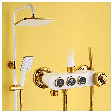 8 Zoll Thermostat Weiß Gold Quadratisch Duschsystem Wandhalterung Regendusche Duschset 3 Funktion Brausegarnitur mit Duschkopf, Handbrause, Badewannenarmaturen