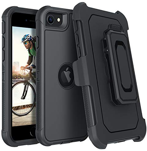 DUEDUE iPhone SE 2020 Case, Military Grade Shockproof Drop Protection Heavy Duty Full Body Rugged Cover with Kickstand Belt Clip Holster for iPhone SE2 2nd Generation 4.7 inch, Black