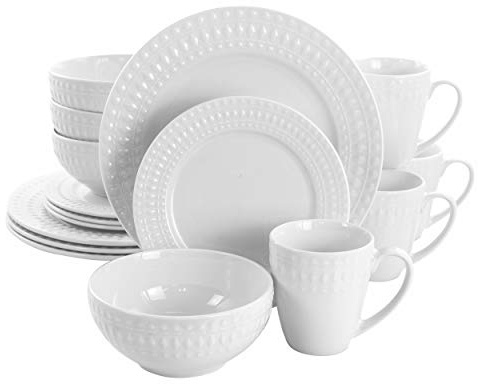 Elama Cara 16 Piece Round Porcelain Dinnerware Set in White