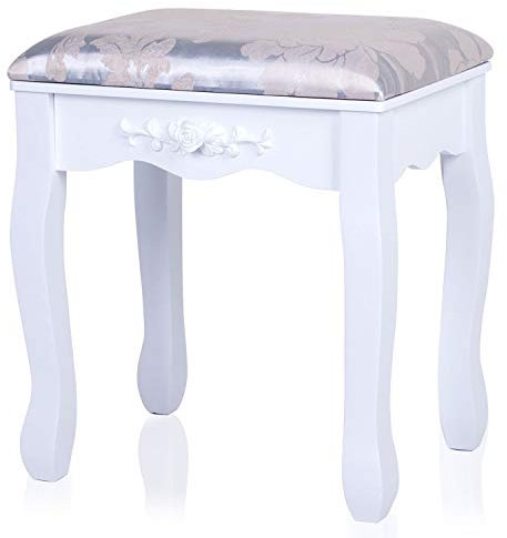 BELIWIN White Dressing Table Stool for Girl Madam, Wooden Vanity Stool Bedroom, Makeup Stool with Soft Sponge and Carved Pattern