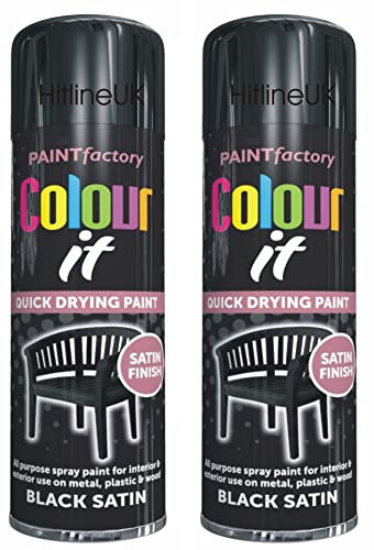 HitlineUK 2 x SATIN BLACK PAINT AEROSOL COLOUR IT SPRAY CAN QUICK DRYING DIY PLASTIC METAL WOOD 250ML