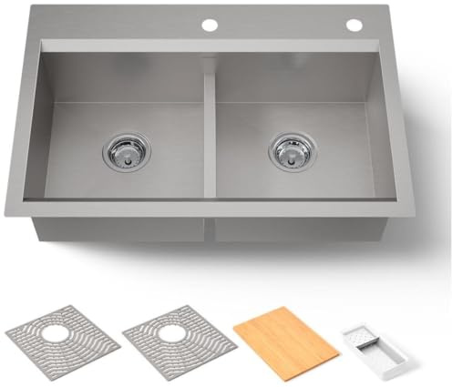 KOHLER 80085-2PC-NA Task™ 33 Smart Divide Top-/Undermount Double-Bowl Workstation Kitchen Sink, Includes Workstation Sink Accessories, Stainless Steel, 2 Faucet Holes