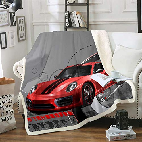 Red Race Car Sherpa Decke Sportwagen Fleece Überwurf Decke Kinder Jungen Extreme Sport Thema Wunderschöne Plüschdecke Cool Speed Automobile Dekor Fuzzy Decke für Sofa Bett, Doppelbett 152 x 200 cm