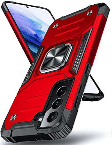 DASFOND Galaxy S21 5G Case, Military Grade Shockproof Protective Phone Case Cover with Enhanced Metal Ring Kickstand [Support Magnet Mount] Compatible with Samsung Galaxy S21, Red