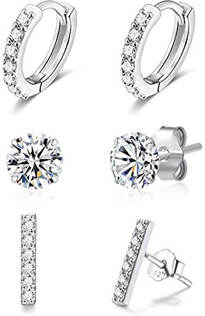 3er Ohrringe Set Für 3 Ohrlöcher Silber 925 Echtsilber - 3mm Zirkonia Ohrstecker - Stab Bar Stecker - 9mm Huggy Creolen Hoops - 3 Paar Pack Nickelfrei