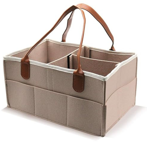 Panier à couches pour bébé - Portable - Rangement Bin - Grand sac de maternelle avec compartiments interchangeables pour commode à langer, anneau de dentition, couche, meilleur cadeau (beige)