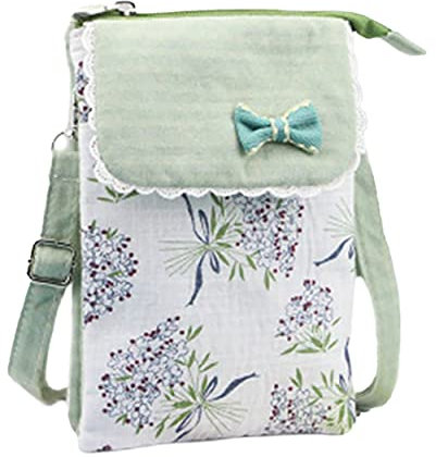 Leuchtbox Handytasche Kleine Schultertasche Crossbody Umhängetasche für Damen Mädchen Baumwolle 4 Innentaschen Süßer Blumen-Print mit Schleifchen und Spitze (Minzgrün)