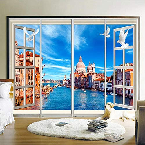 Fototapete 3D Stereo Fenster Mediterrane Landschaft Stadt Gebäude Fototapeten Wohnzimmer Wohnkultur Tapeten Für 3 D 400cm(L)×280cm(H)