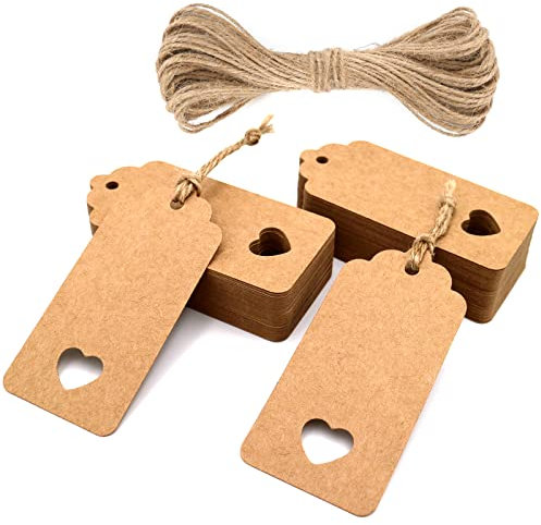 jijAcraft Kraftpapier Anhänger 50 Stück Geschenk Anhänger Papieranhänger 4.5 CM * 9.5 CM Anhängeetiketten mit Jute-Schnur 10 Meter (Braun)