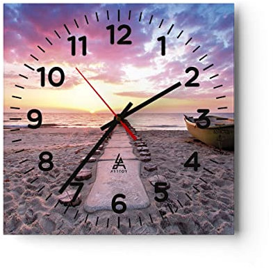 Modern Wanduhr Boot Strand Himmel 40x40cm Quadrat Groß Wand Uhr Glas Analog Zimmeruhren Küche Büro Wohnzimmer Glasuhr Wall Clock Dekoration Design Wanddekoration Küchenuhr C4AC40x40-5064