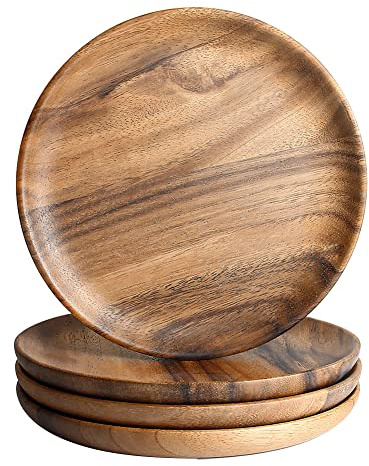 IQCWOOD Wooden Dinner Plates, 6 Inch Round Wood Plates Set of 4, Acacia Wooden Plates Round Tray Easy Cleaning Serving Platter for Food Dessert Salad Plate Fruit Platters