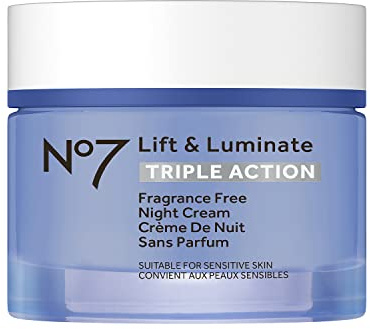No7 Lift and Luminate Triple Action Fragrance-Free Night Cream – Anti-Wrinkle Collagen Peptide Brightening Moisturizer with Hyaluronic Acid, Hibiscus, and Vitamin C (50ml)