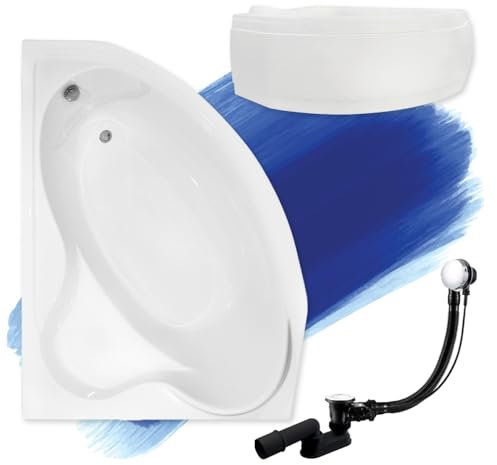 BADLAND Badewanne Original Weiß Acryl Wanne Eckbadewanne DELFINA 166x107 Links KOMPLETTSET SET mit Weiß Acrylschürze + Füßen und Exklusive Chrom Automatik Ablaufgarnitur Made in EU 4in1