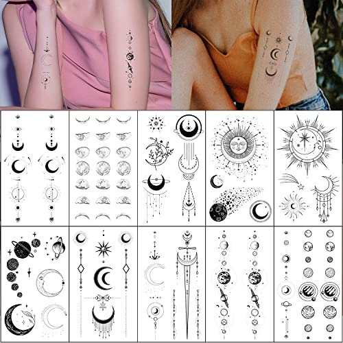 Esland Realistische temporäre Tattoos mit Mond, Sonne, Sternen, Weltraum, Planeten, Kette, vertikale Wirbelsäulen-Tattoo-Aufkleber für Frauen