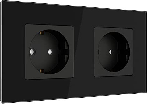 PULSAR Doppel-Steckdose Unterputz Schwarz, Schutzkontakt Wandsteckdose 250V/16A aus gehärtetem Glas, 2-Fach Schuko Steckdosen 157 x 86 mm