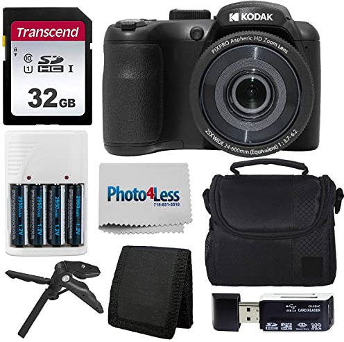 Kodak PIXPRO AZ255 Appareil photo numérique avec étui pour appareil photo Point & Shoot + carte mémoire SD 32 Go + piles rechargeables + chargeur + lecteur de cartes USB + trépied de table +