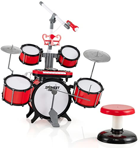 DREAMADE Kinder Schlagzeug Set mit Keyboard, Trommel Set mit Höhenverstellbarem Mikrofon & Notenständer, Musikspielzeug für Kinder ab 3 Jahre