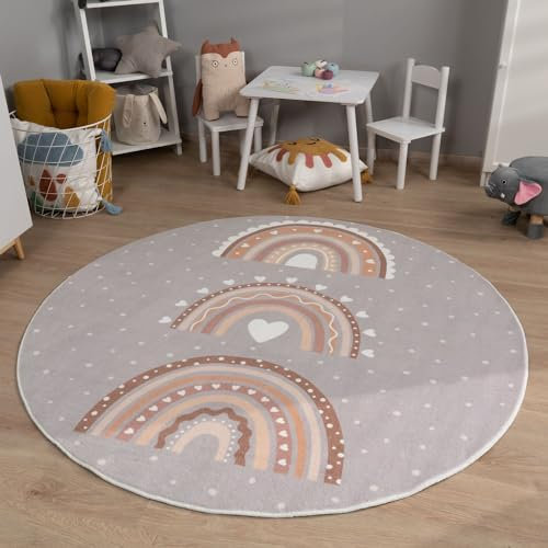 TT Home Kinderzimmerteppich Teppich Junge Mädchen Kinderteppich Baby Herzen Pastell, Farbe:Grau Beige, Größe:120 cm Rund