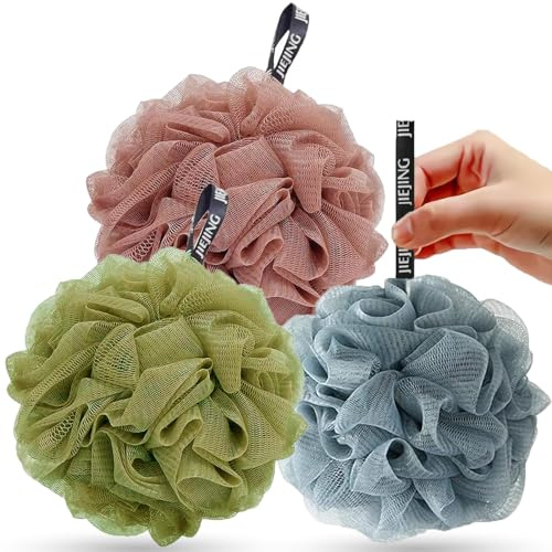 KISUOMAOYI Loofah Shower Puff 3Pcs - Ultra Soft Mesh Bath Sponges for Adults Exfoliating, Scrubbing and Cleaning - Body Scrubbers for Use in Shower