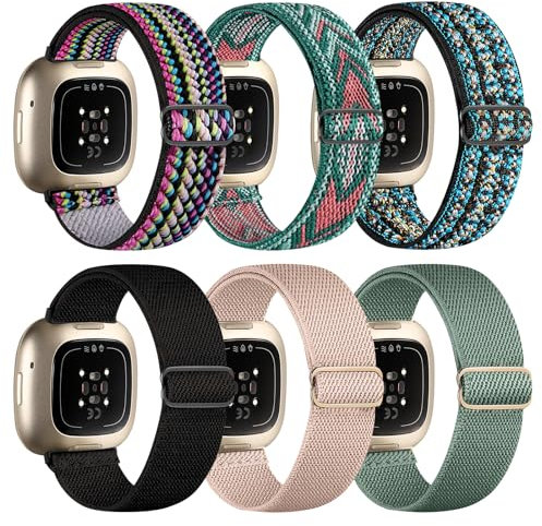 chinbersky 6 Pack Bracelet Compatible avec Bracelet Fitbit Versa 3/Bracelet Fitbit Versa 4/Fitbit Sense Bracelet Femmes, Étirement Réglable Nylon Sport Bande pour Fitbit Versa 4/Versa 3/Sense 2/Sense
