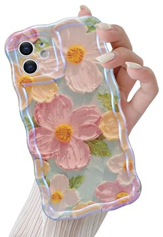 QLTYPRI Case for iPhone 12, Laser Colorful Retro Oil Painting Flower Pattern Cute Curly Wave Frame Exquisite Phone Case for Girls Women, Shockproof TPU Protective Phone Cover for iPhone 12 - Green