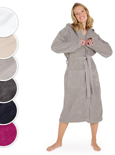 Blumtal Bademantel Damen, kuschelig weicher Bademantel Damen Baumwolle mit gefütterter Kapuze und samtigen Frottee-Velours, Oeko-TEX® Zertifiziert, Größe S, Grau
