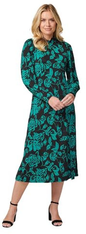 Izabel London Floral High Neck Split Midi Dress for Women UK with Long Sleeves, Cinched Waist and midi Length Hem.