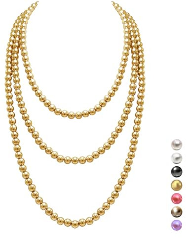 genkigold Collier de Perles Long pour Femmes des Années 1920 - PARIS - Perles de Culture Naturelles - Luxueuses Perles 8mm avec Élégance Intemporelle Longueur 150cm(60) - Pétillant Doré 18 Carats