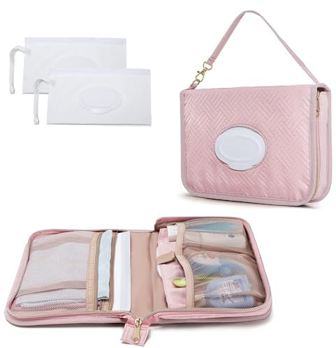 Rexmica Diaper Clutch Bag with 2 Pcs Wet Wipes Dispenser, Small Changing Bag with Multiple Pockets for Mother, Pink