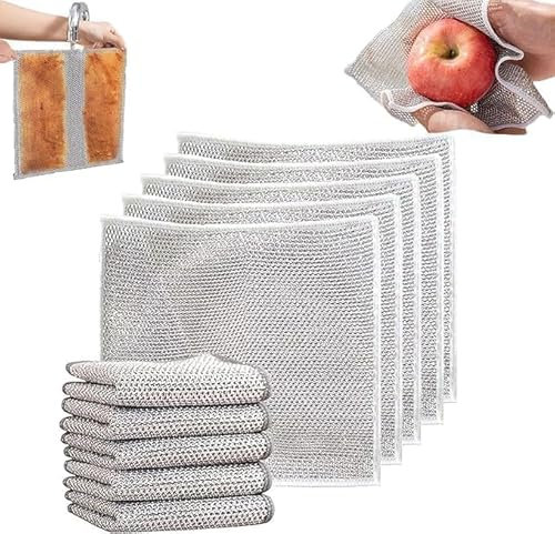 Mehrzweck Geschirrspüllappen aus Draht Wiederverwendbarer Kettennet Schrubber, Gusseisenreiniger, Topfreiniger, Reinigungstuch für Nass und Trockenreinigung, Putzlappen für die Küche (5, einlagig)