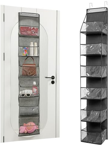 JIANGLAI Over Door Storage Hanging Wardrobe Organiser with 6 Large Clear Pockets, 2 Metal Hooks, Hanging Handbag Storage for Bathroom Closet Dorm Nursery (Grey)