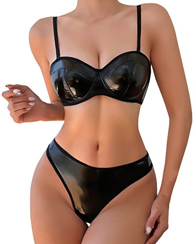 2024 - Dessous für Frauen, 2-teilig, Teddy-Bodysuit, Dessous, sexy Ausschnitt, V-Ausschnitt, Schnürung, verbundenes mit Tanga-Set Adventskalender Dessous (Black, XL)