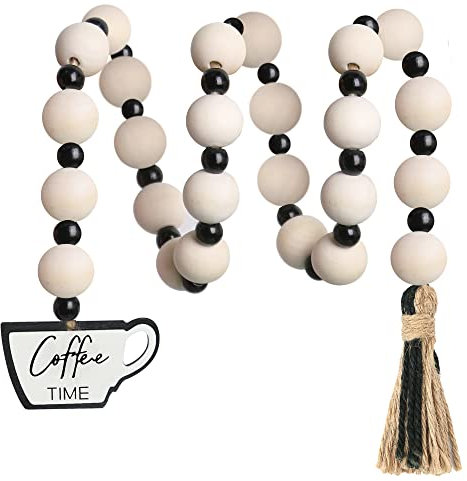 Coffee-themed Rustic Wood Bead Garland - Natural Wood and Jute Rope Hanging Ornament for Home Decor (Natural and Black)