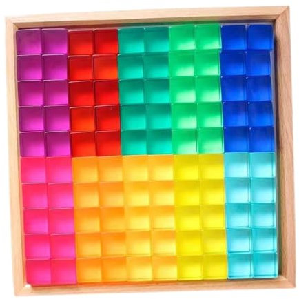 Ronyme Stapelspiel Regenbogen Acryl Edelsteinwürfel, Regenbogen-GEM-Würfel Bausteine, Glatt Stapelspiel Würfelblöcke Bausteine-Set für Kinder,100Stück+10 Karten,Gelee-Stil