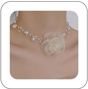 Xduargs Collana Boho a Strati con Fiore Bianco - Girocollo Vintage in Pizzo di Perle - Camelia Rosa Regolabile