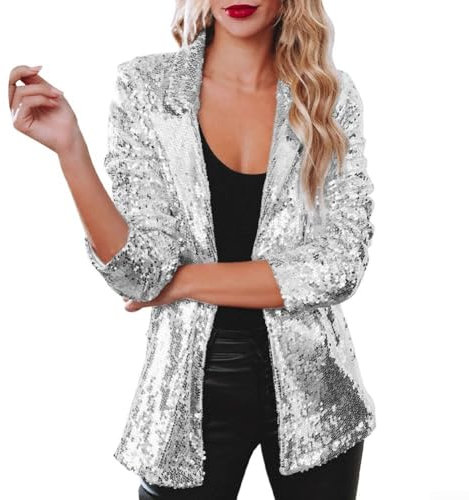 Nightclub Pailletten Blazer Damen Schimmer Glitzer Jacke Mantel Outerwear (XXXL Silber)