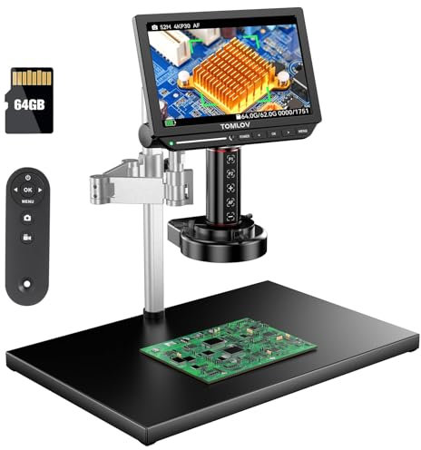 TOMLOV TM4K-AF Max Microscopio Digitale Autofocus 4K 2000X, Schermo IPS da 10,1 con Braccio Rotante, Fotocamera da 52MP HDMI per Monete e Saldatura, con Luce ad Anello, Compatibile PC/TV, 64GB