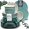 16-Piece Dinnerware Set - Bowl and Plate Set - Stoneware Dining Set for 4 People - Dishwasher and Microwave Safe - Grooved Dining Service in Green
