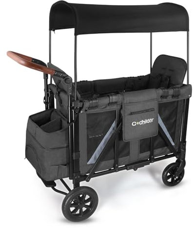 Cochildor Wagon Kinderwagen für 2 Kinder, faltbarer Kinderwagen mit 2 hohen Sitzen, 5-Punkt-Gurt, abnehmbarem Baldachin, verstellbarem Lenker und Reflektorgurten, Dunkelgrau