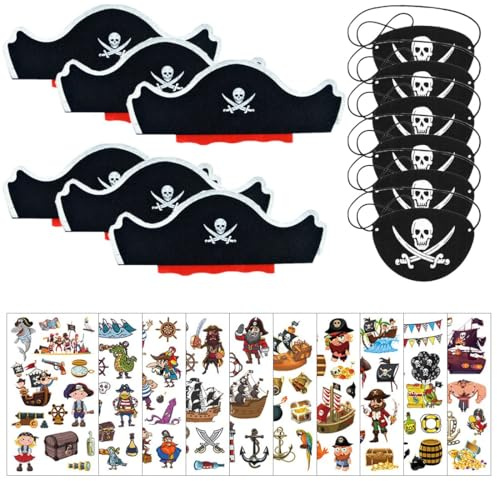 Piraten Kindergeburtstag Set 8 pcs Piratenhut Kinder 8 pcs Augenklappe Pirat Filz Augenmaske 10 pcs Piraten Tattoos Schädel Piraten Hut Accessoires für Geburtstag Halloween Maskerade Piratenparty