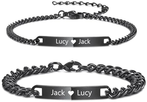 INBLUE Personalisierte Paar Armbänder Set Seine und Ihre Gravur Name Edelstahl Verstellbare Kubanische Kette Freund Freundin Geschenke Fernbeziehung Paare Geschenke - C3