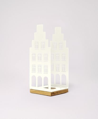 KAWENTSMANN Windlicht Metall & Holz Nobelstrehle Nr. 2 - Teelichthalter Haus-Motiv - Laterne - Kerzenständer - Kerzenhalter - Deko Windlichter - Tischdeko (RAL 9010 Reinweiß)